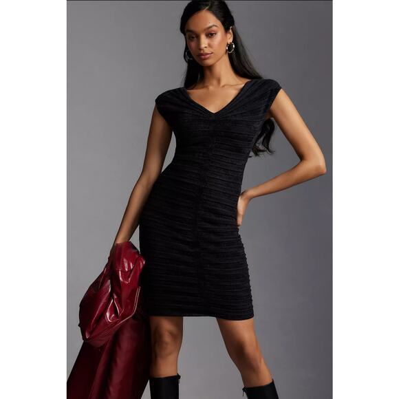 NWT By Anthropologie V-Neck Chenille Midi Dress $248 X-SMALL Black - Picture 5 of 7